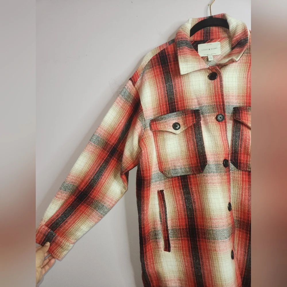 LUCKY BRAND Red plaid Oversized Shirt Jacket, size S